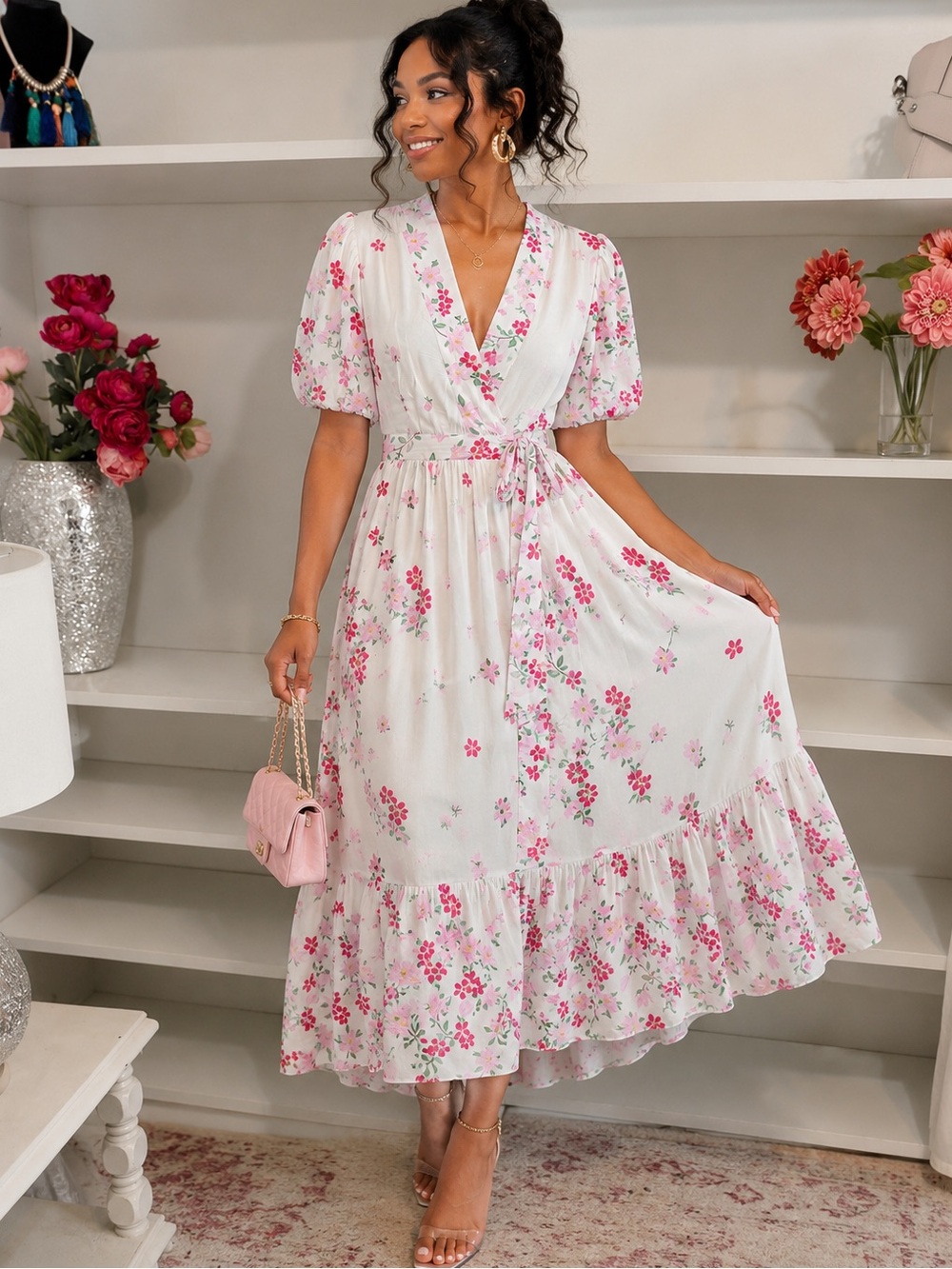 DRAPER JAMES White & Pink Floral Wrap Midi Dress SM